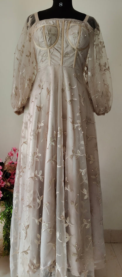 Metallic Cream Embroidered Corset Gown with Balloon Sleeves – Size M