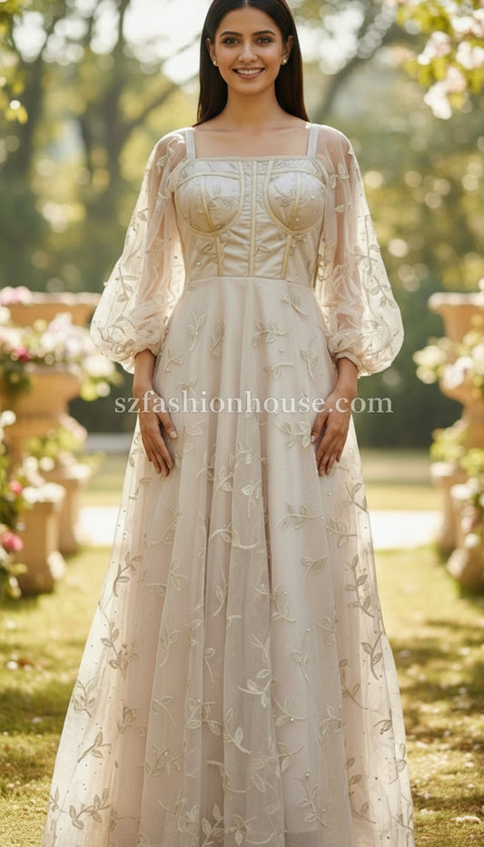 Long, light-colored dress with floral patterns - Long Sleeves -  gown for women party wear | cocktail gowns | long party dresses for women