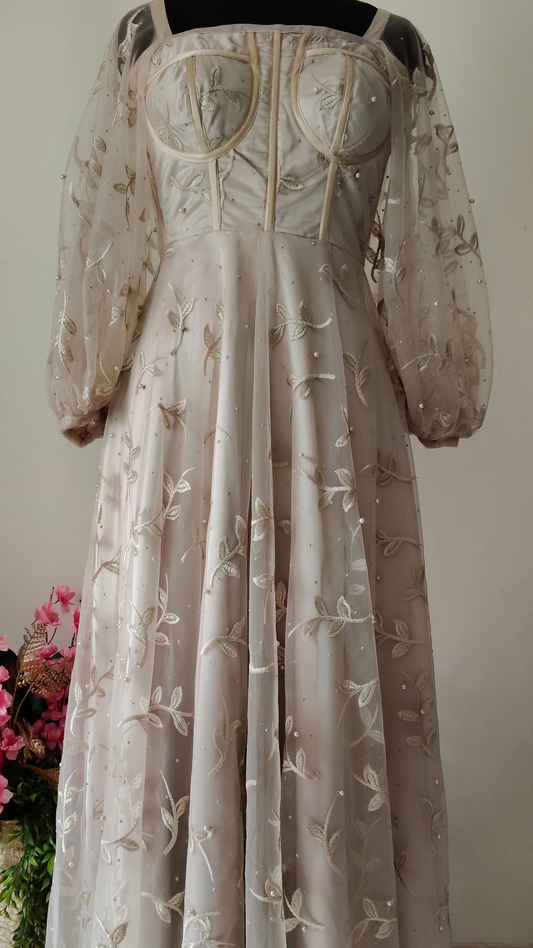 Metallic Cream Embroidered Corset Gown with Balloon Sleeves – Size M