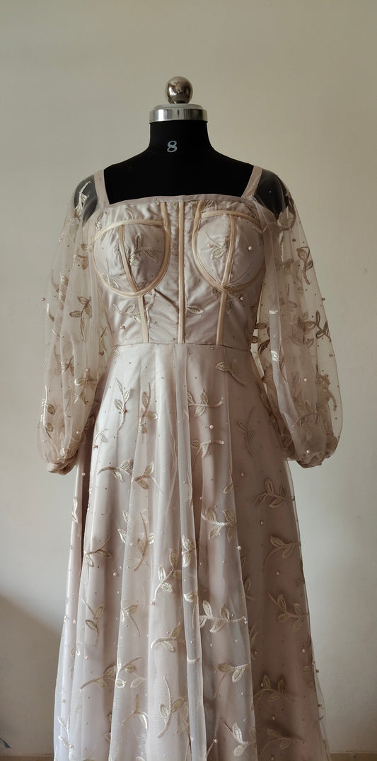 Metallic Cream Embroidered Corset Gown with Balloon Sleeves – Size M