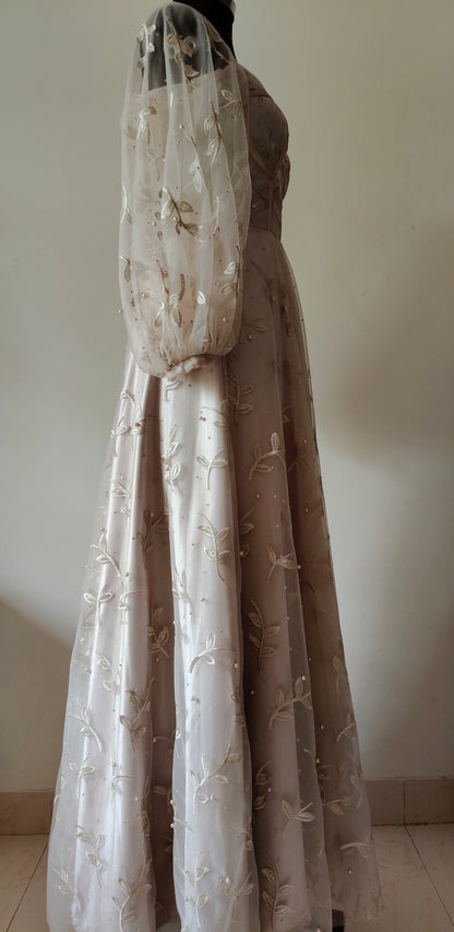 Metallic Cream Embroidered Corset Gown with Balloon Sleeves – Size M