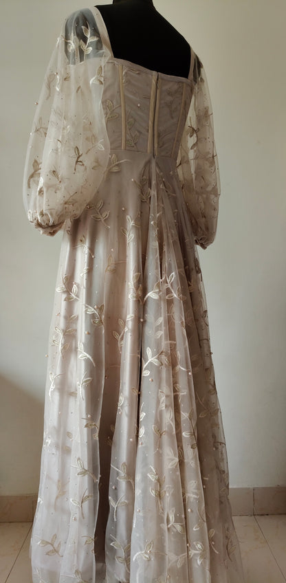 Metallic Cream Embroidered Corset Gown with Balloon Sleeves – Size M