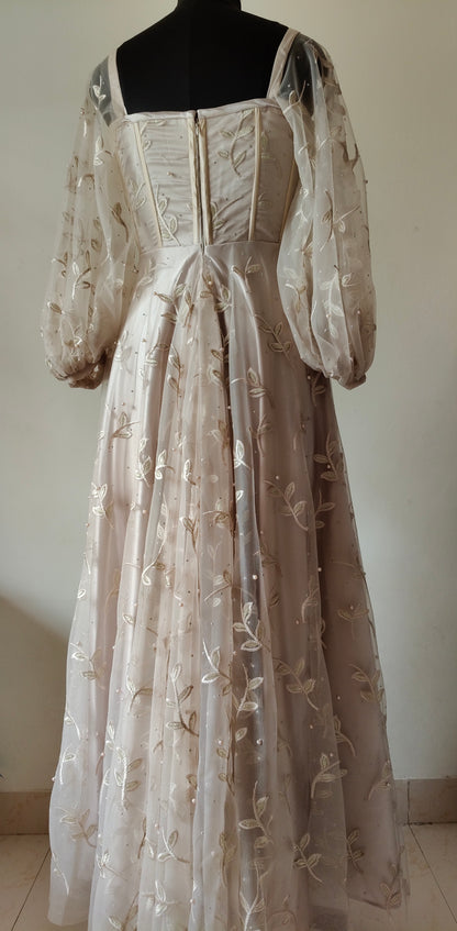 Metallic Cream Embroidered Corset Gown with Balloon Sleeves – Size M