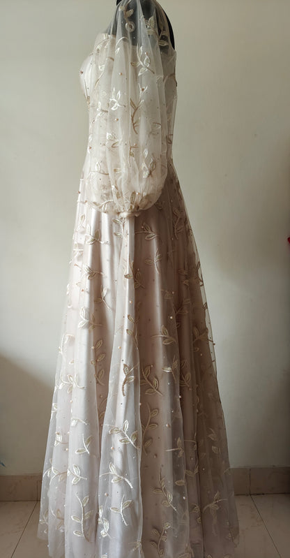 Metallic Cream Embroidered Corset Gown with Balloon Sleeves – Size M