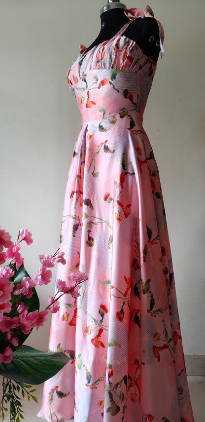 Pink Floral Satin Corset Gown with Tie-Strap Sleeves – Size M