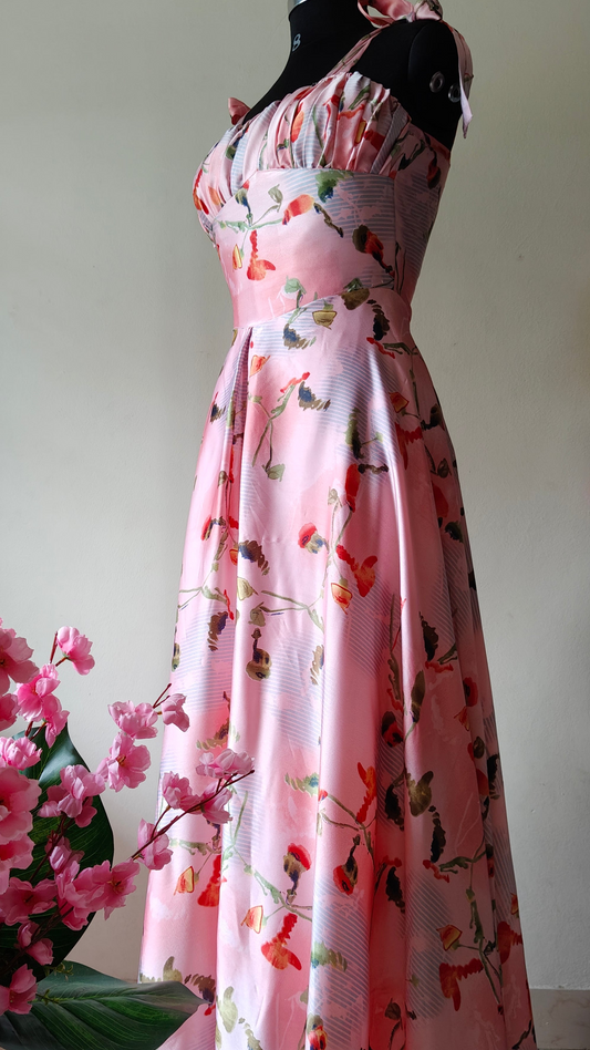 Pink Floral Satin Corset Gown with Tie-Strap Sleeves – Size M