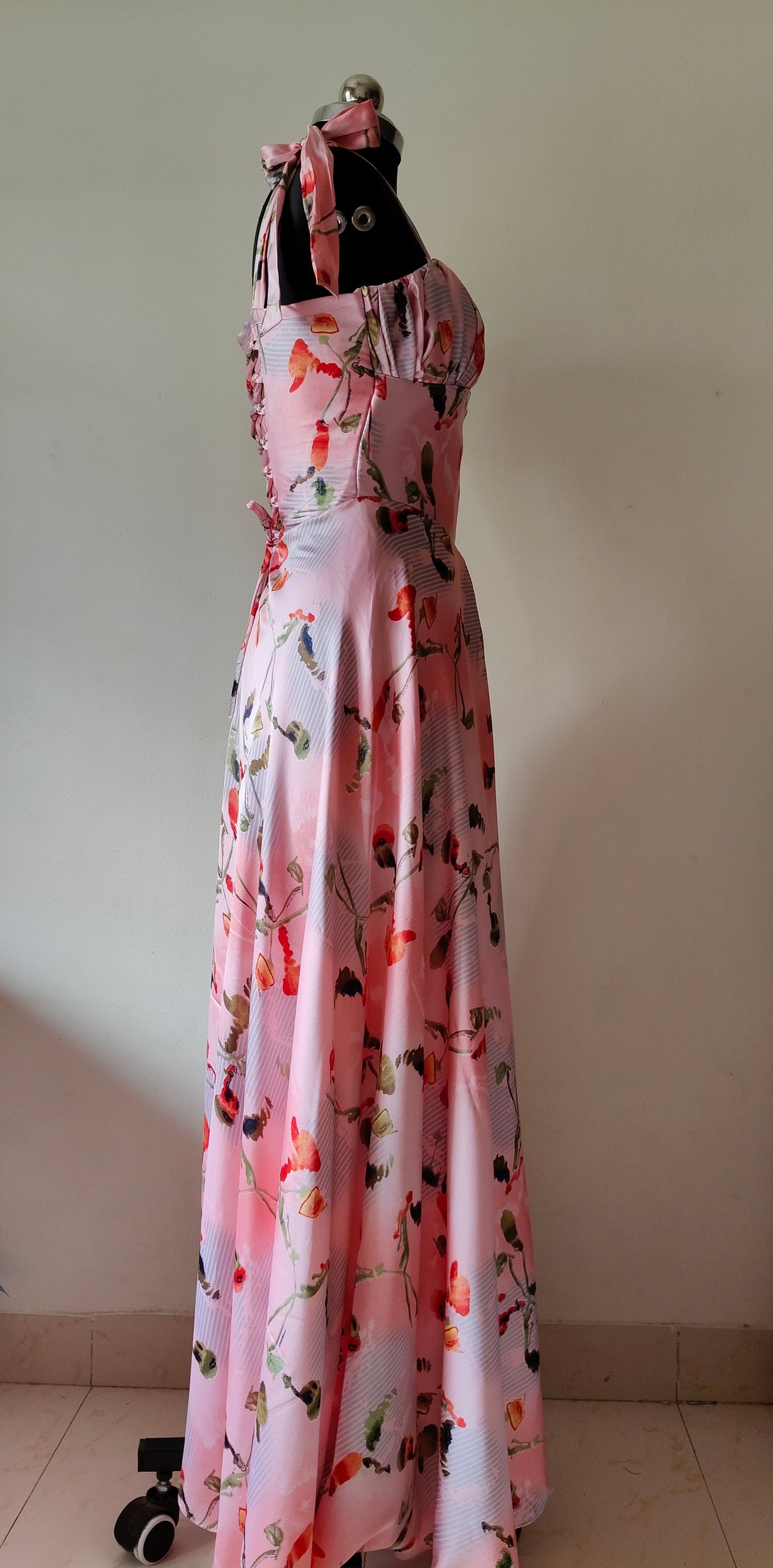 Pink Floral Satin Corset Gown with Tie-Strap Sleeves – Size M