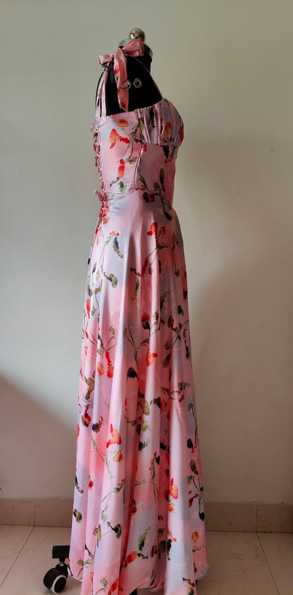 Pink Floral Satin Corset Gown with Tie-Strap Sleeves – Size M