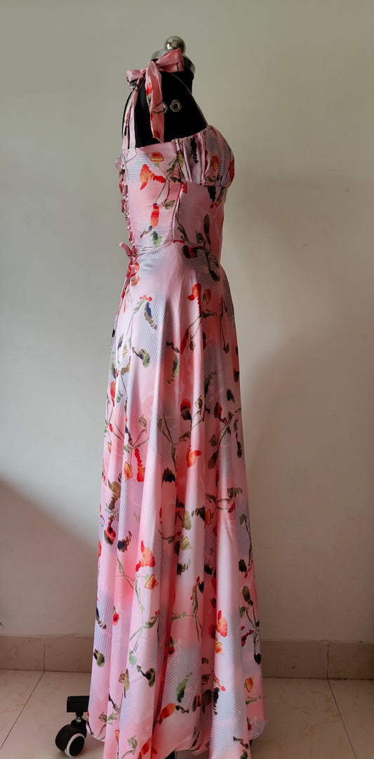 Pink Floral Satin Corset Gown with Tie-Strap Sleeves – Size M