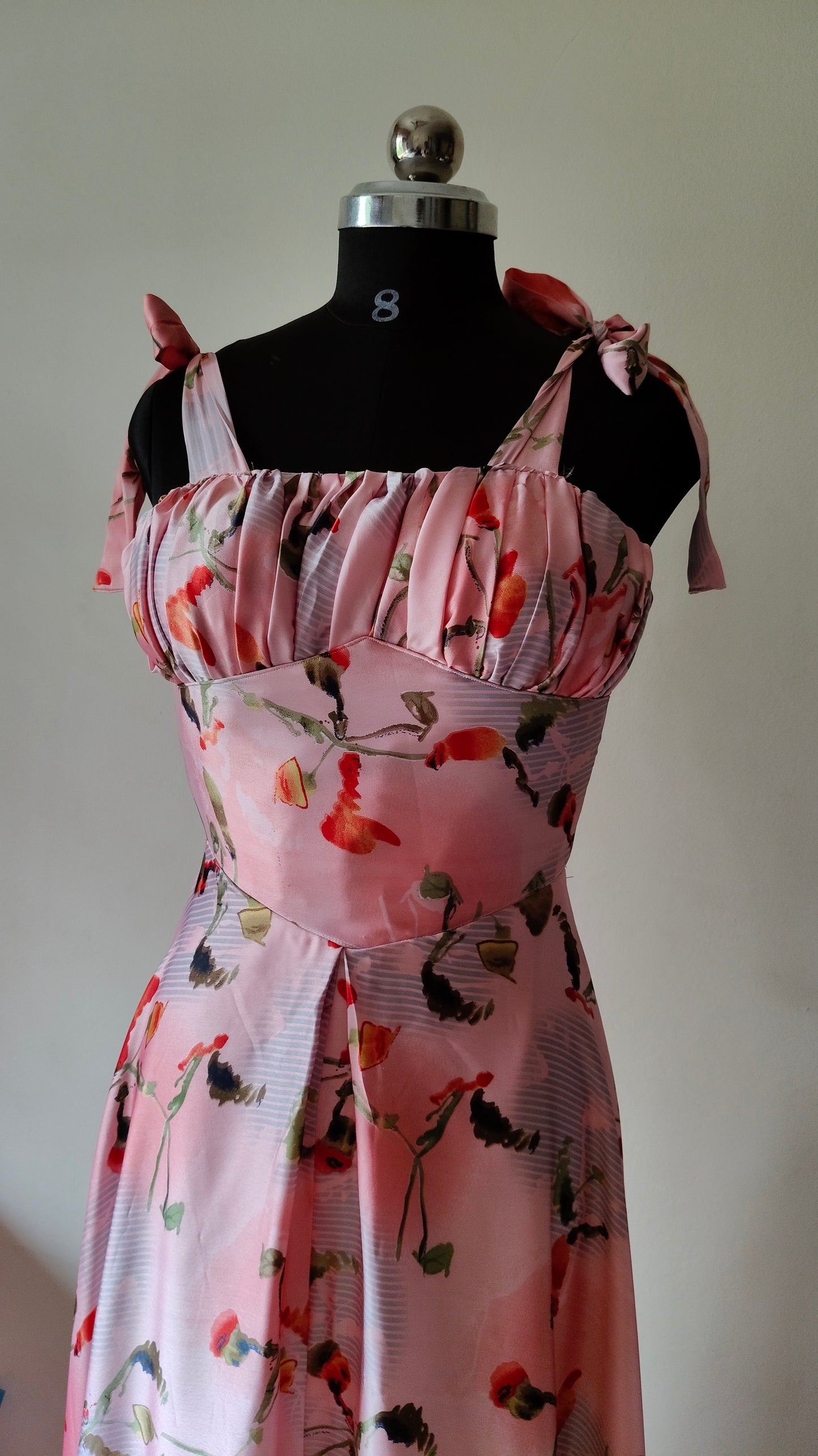 Pink Floral Satin Corset Gown with Tie-Strap Sleeves – Size M