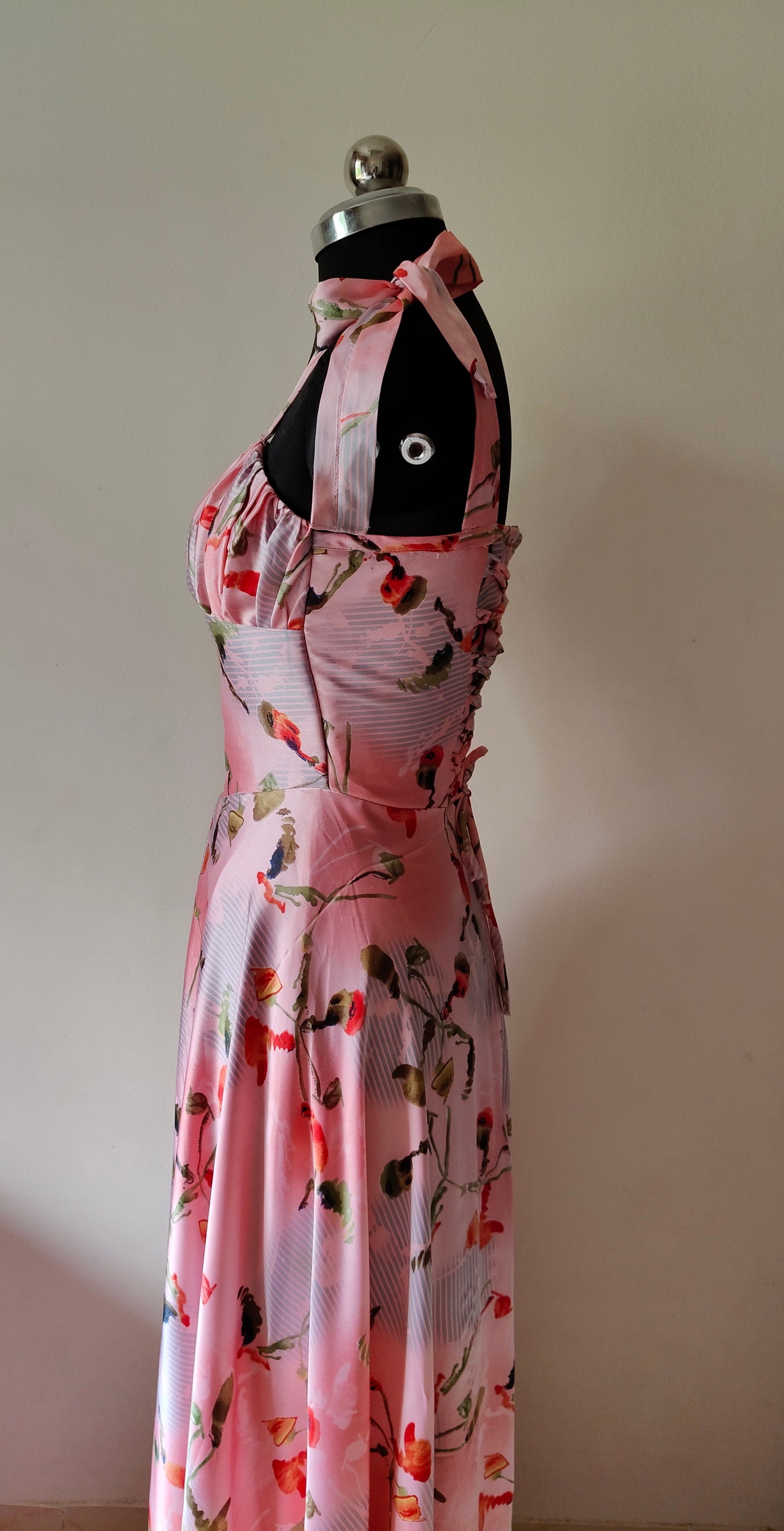 Pink Floral Satin Corset Gown with Tie-Strap Sleeves – Size M