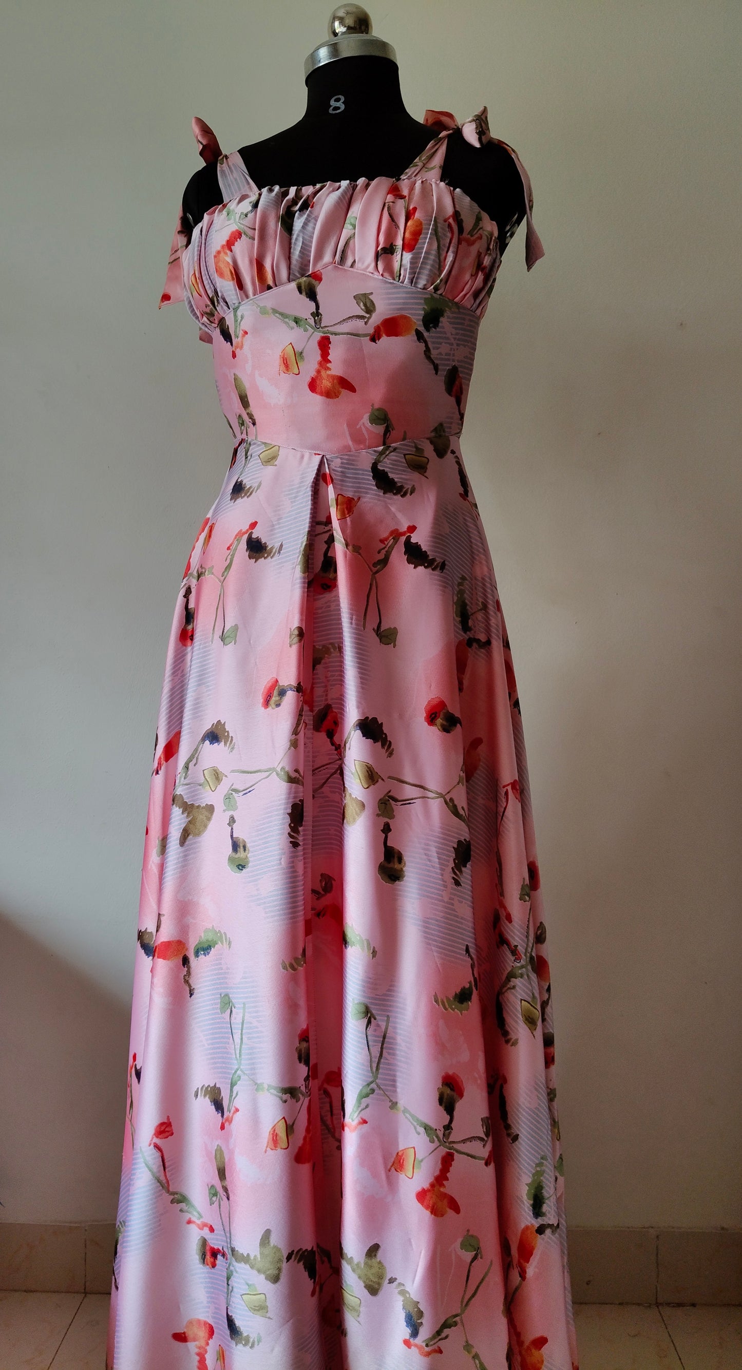 Pink Floral Satin Corset Gown with Tie-Strap Sleeves – Size M