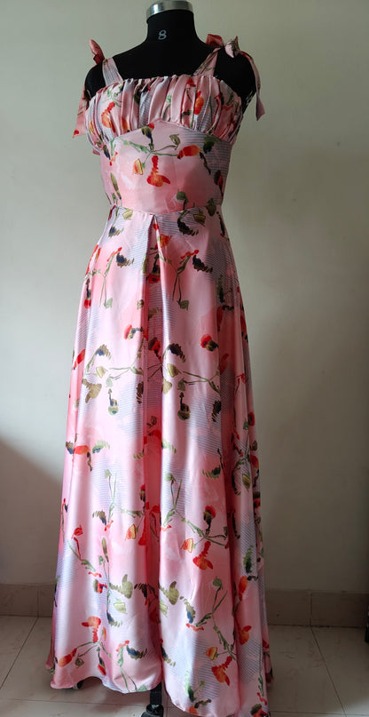 Pink Floral Satin Corset Gown with Tie-Strap Sleeves – Size M