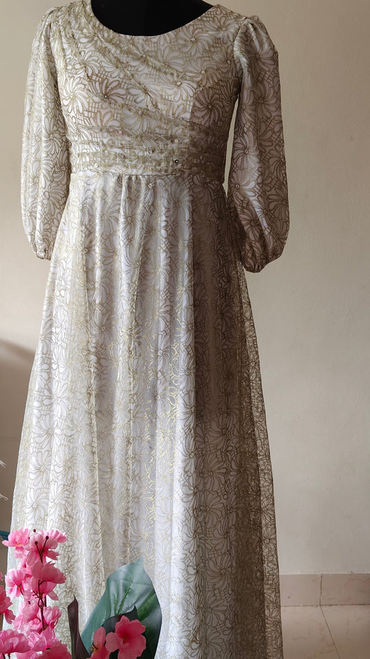 Elegant Golden & White Net Gown with Sequin Detailing – Size M
