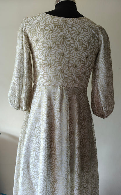 Elegant Golden & White Net Gown with Sequin Detailing – Size M