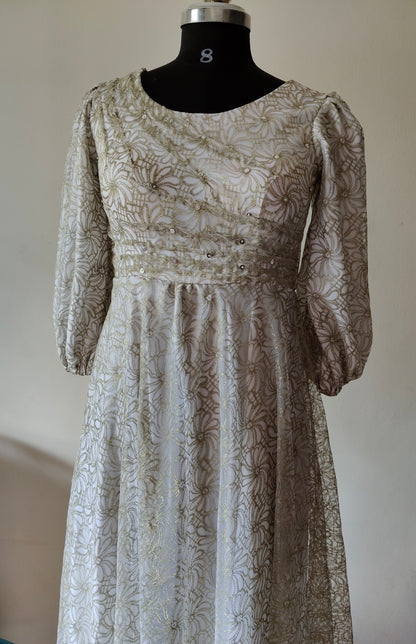 Elegant Golden & White Net Gown with Sequin Detailing – Size M