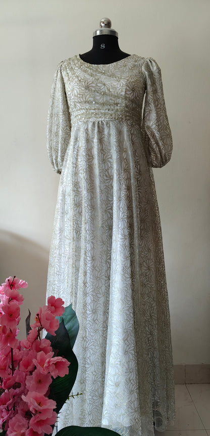 Elegant Golden & White Net Gown with Sequin Detailing – Size M