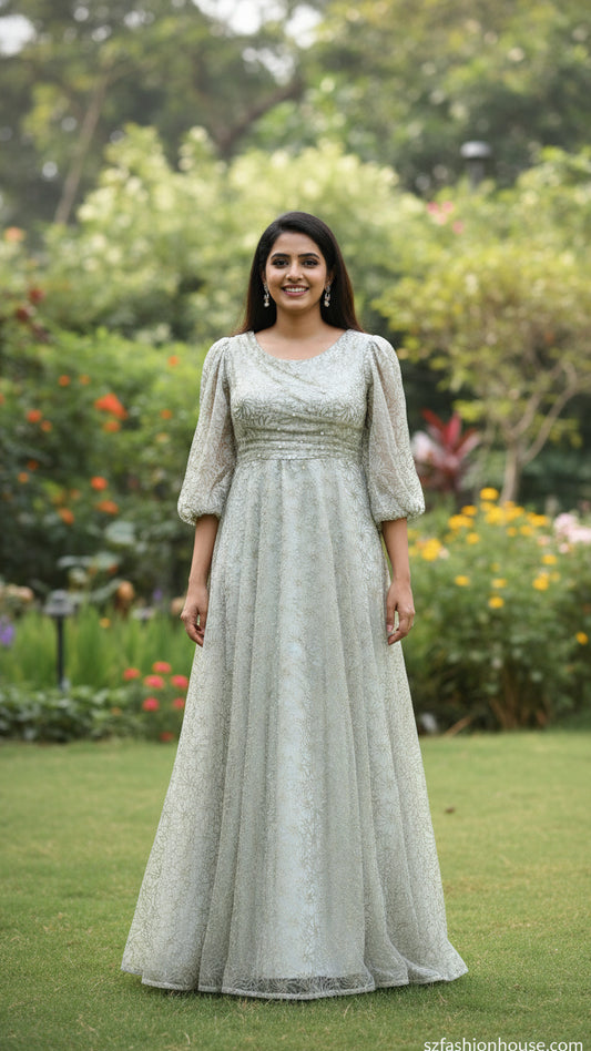 Silver evening gown Long Sleeves -  gown for women party wear | cocktail gowns | long party dresses for women