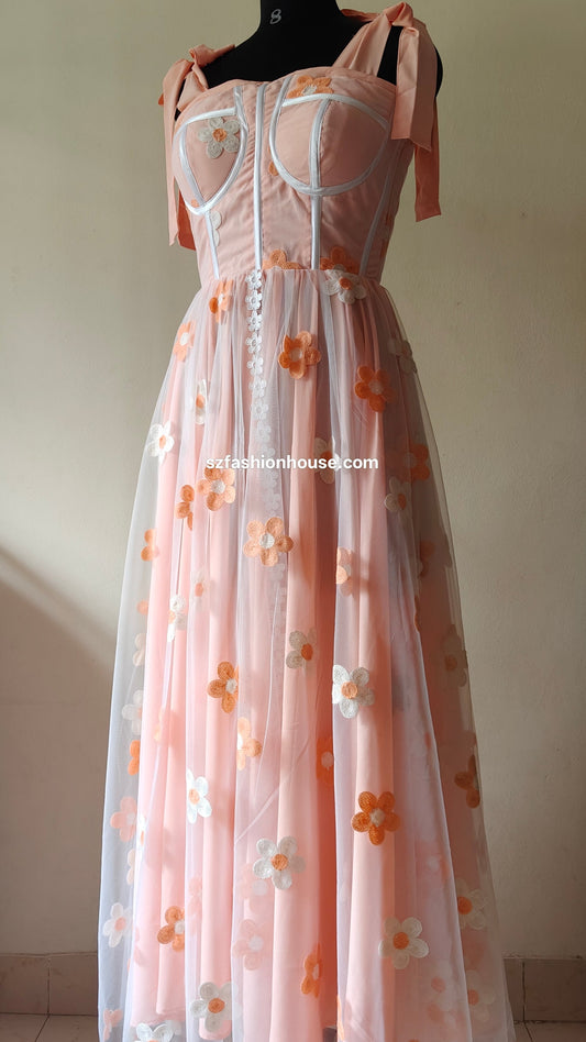 Peach & White Floral Embroidered Corset Gown – Soft Net with Crep Lining | Size M
