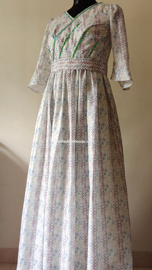 White Printed Cotton-Silk Gown with Detachable Belt – Size M