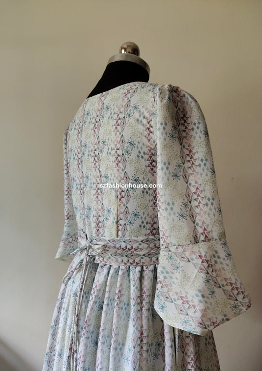 White Printed Cotton-Silk Gown with Detachable Belt – Size M