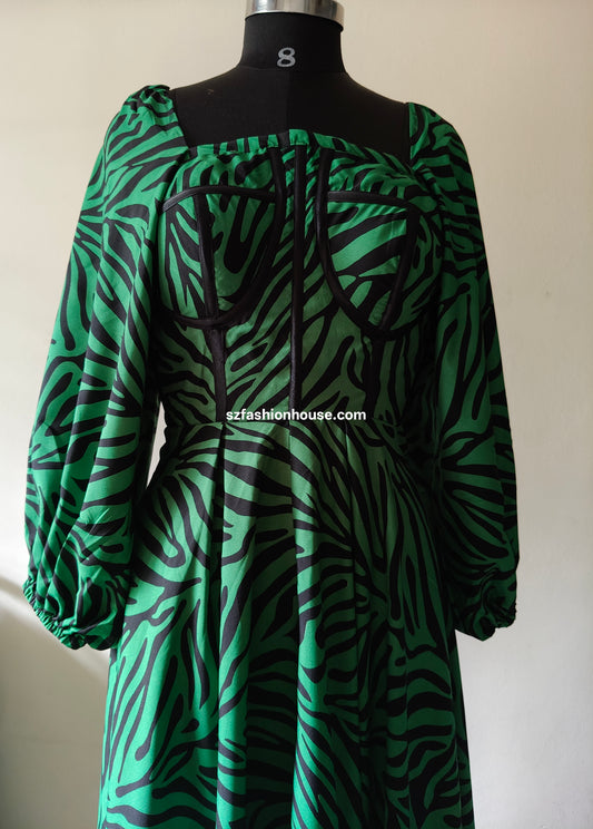 Emerald Zebra Corset Gown with Puff Sleeves – Size M