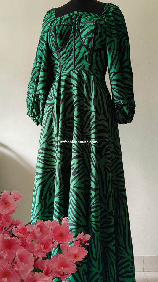 Emerald Zebra Corset Gown with Puff Sleeves – Size M