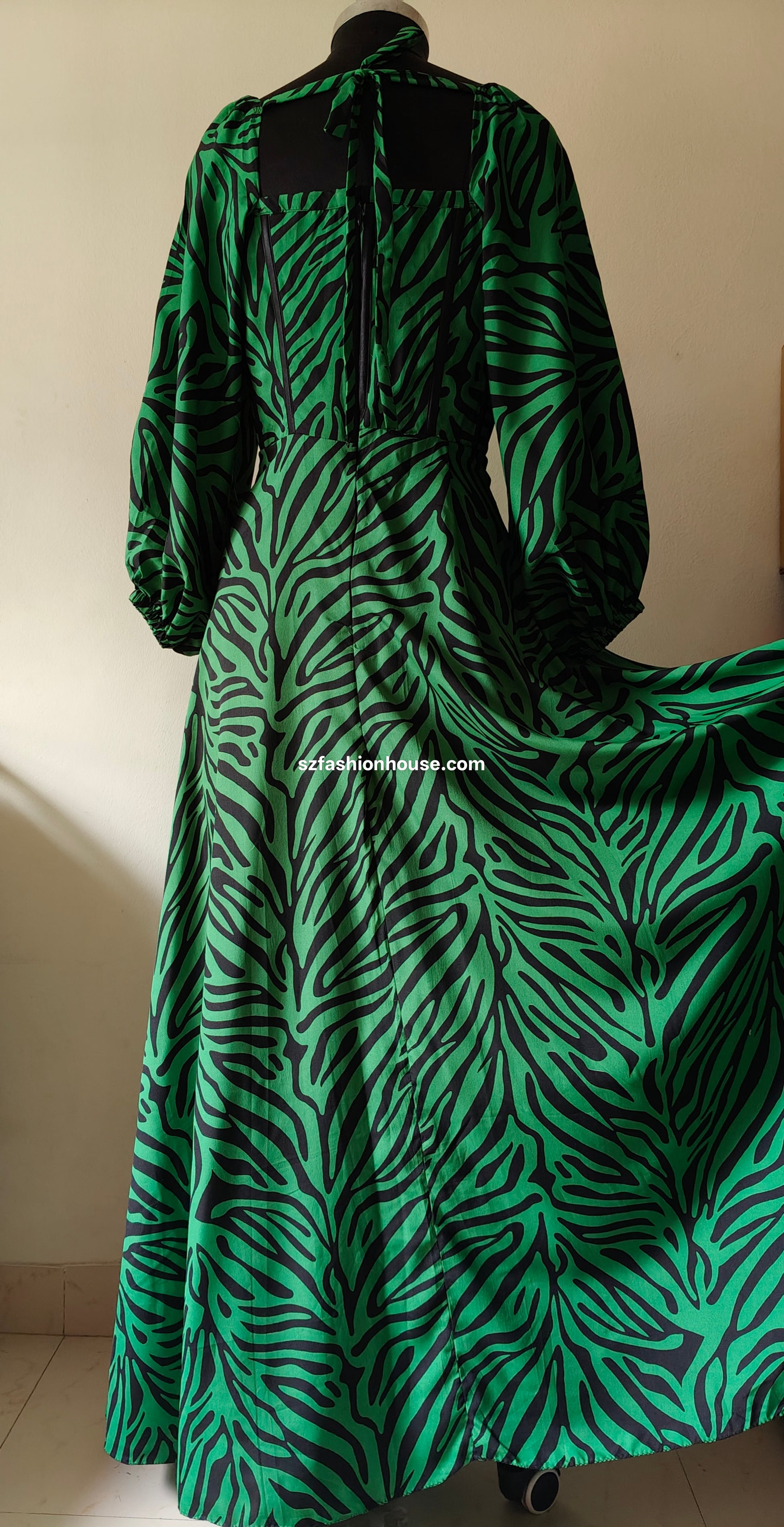 Emerald Zebra Corset Gown with Puff Sleeves Size M | Long Sleeves - gown for women party wear | cocktail gowns | long party dresses for women S&Z Fashion House Emerald Zebra Corset Gown with Puff Sleeves Size M | Long Sleeves - gown for women party wear | cocktail gowns | long party dresses for women S&Z Fashion House