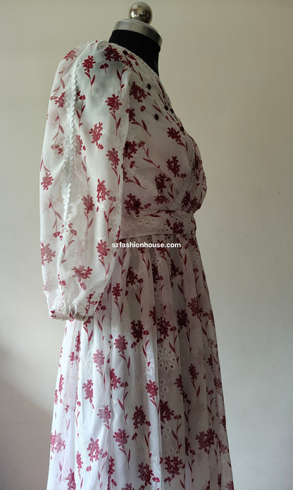 White and Maroon Floral Embroidered Gown with Lace Detail – Size M