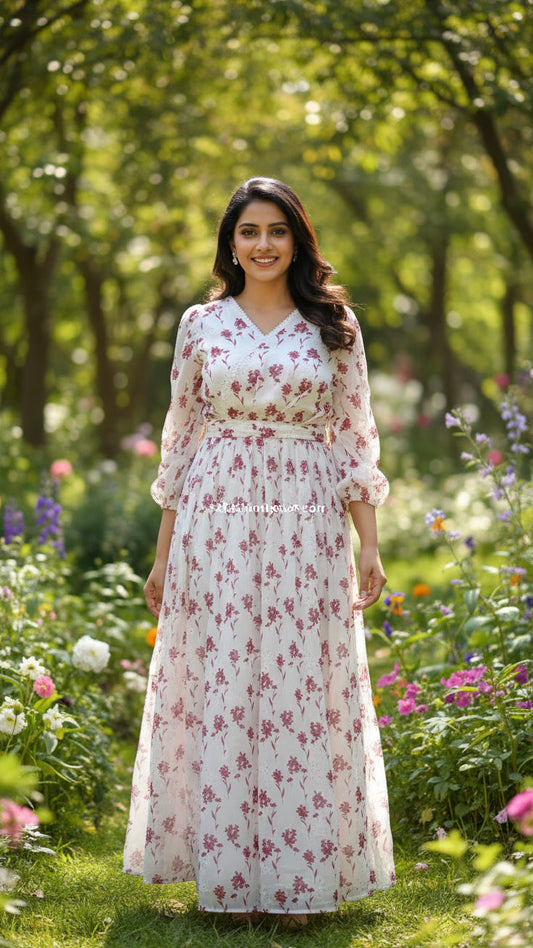 White dress with red floral pattern - Long Sleeves -  gown for women party wear | cocktail gowns | long party dresses for women