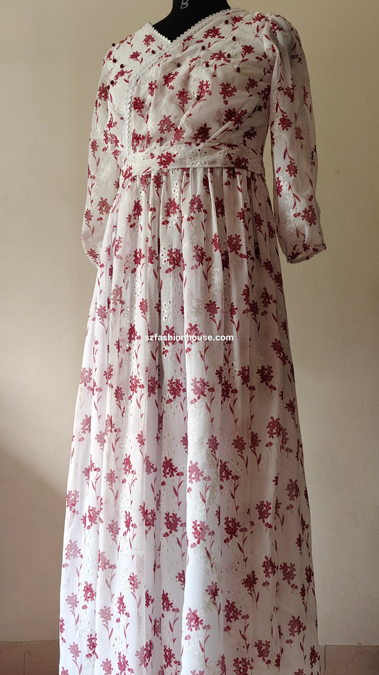 White and Maroon Floral Embroidered Gown with Lace Detail – Size M