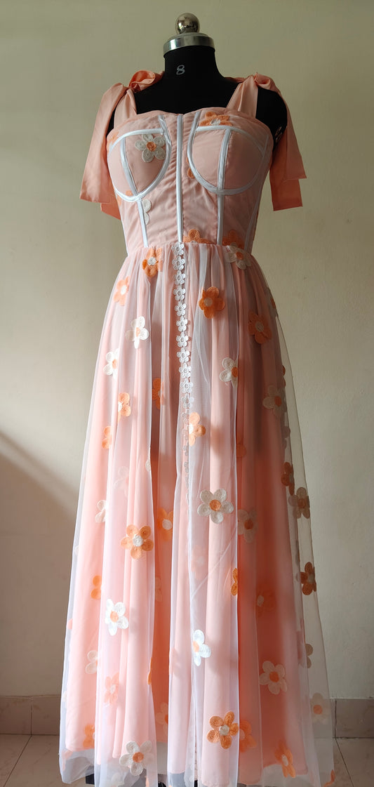 Peach & White Floral Embroidered Corset Gown – Soft Net with Crep Lining | Size M