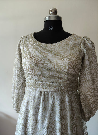 Elegant Golden & White Net Gown with Sequin Detailing – Size M