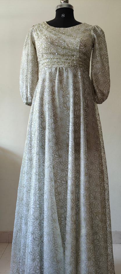 Elegant Golden & White Net Gown with Sequin Detailing – Size M