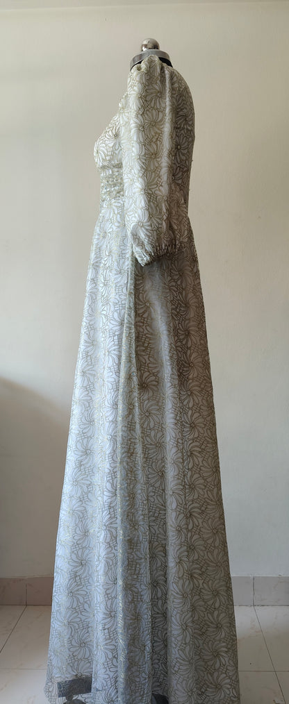Elegant Golden & White Net Gown with Sequin Detailing – Size M