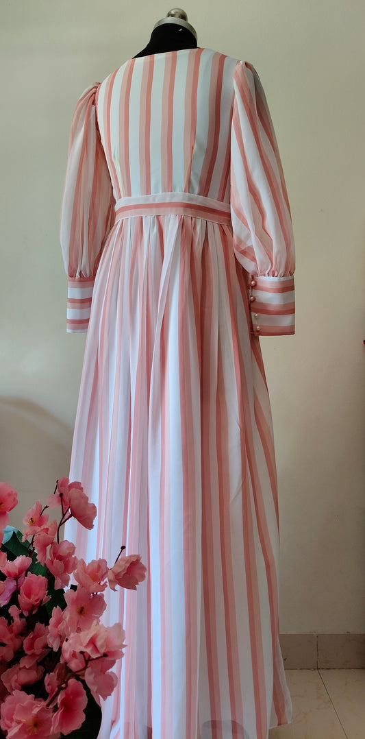 Peach & White Striped Georgette Gown with Pearl Details – Size M
