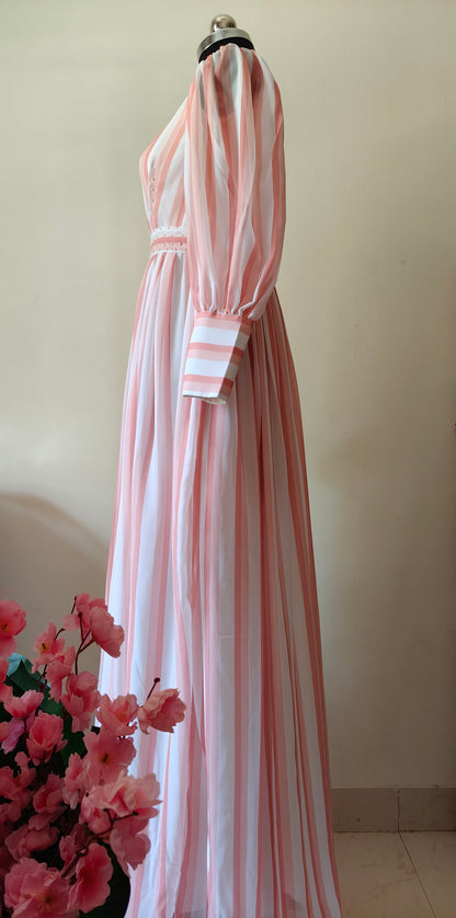 Peach and white striped dress - Long Sleeves -  gown for women party wear | cocktail gowns | long party dresses for women