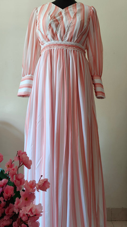 Peach & White Striped Georgette Gown with Pearl Details – Size M