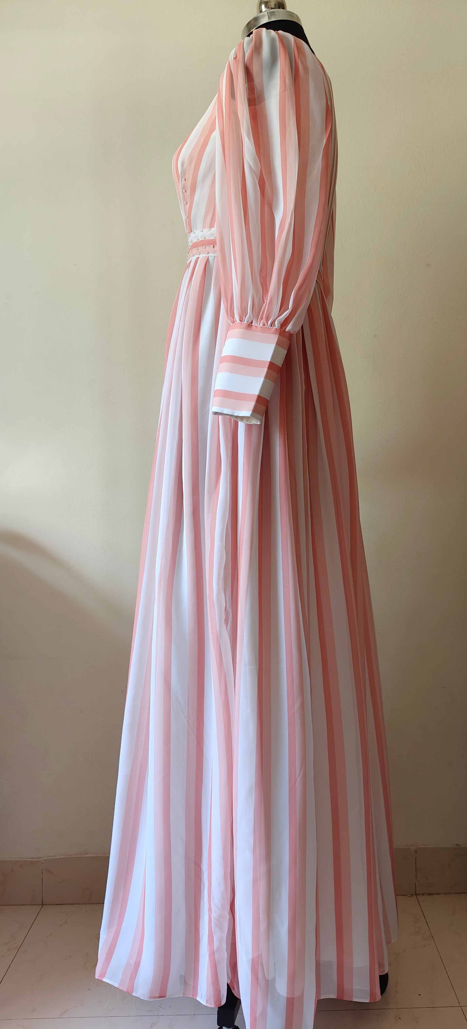 Long pink and white striped dress - Long Sleeves -  gown for women party wear | cocktail gowns | long party dresses for women