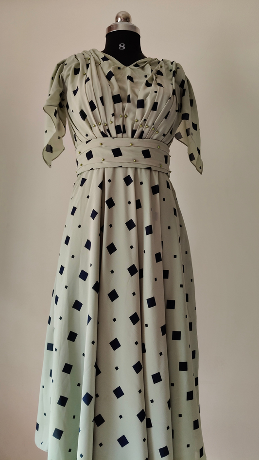 Elegant Green-Grey Printed Gown with Pearl Waist Belt – Size M