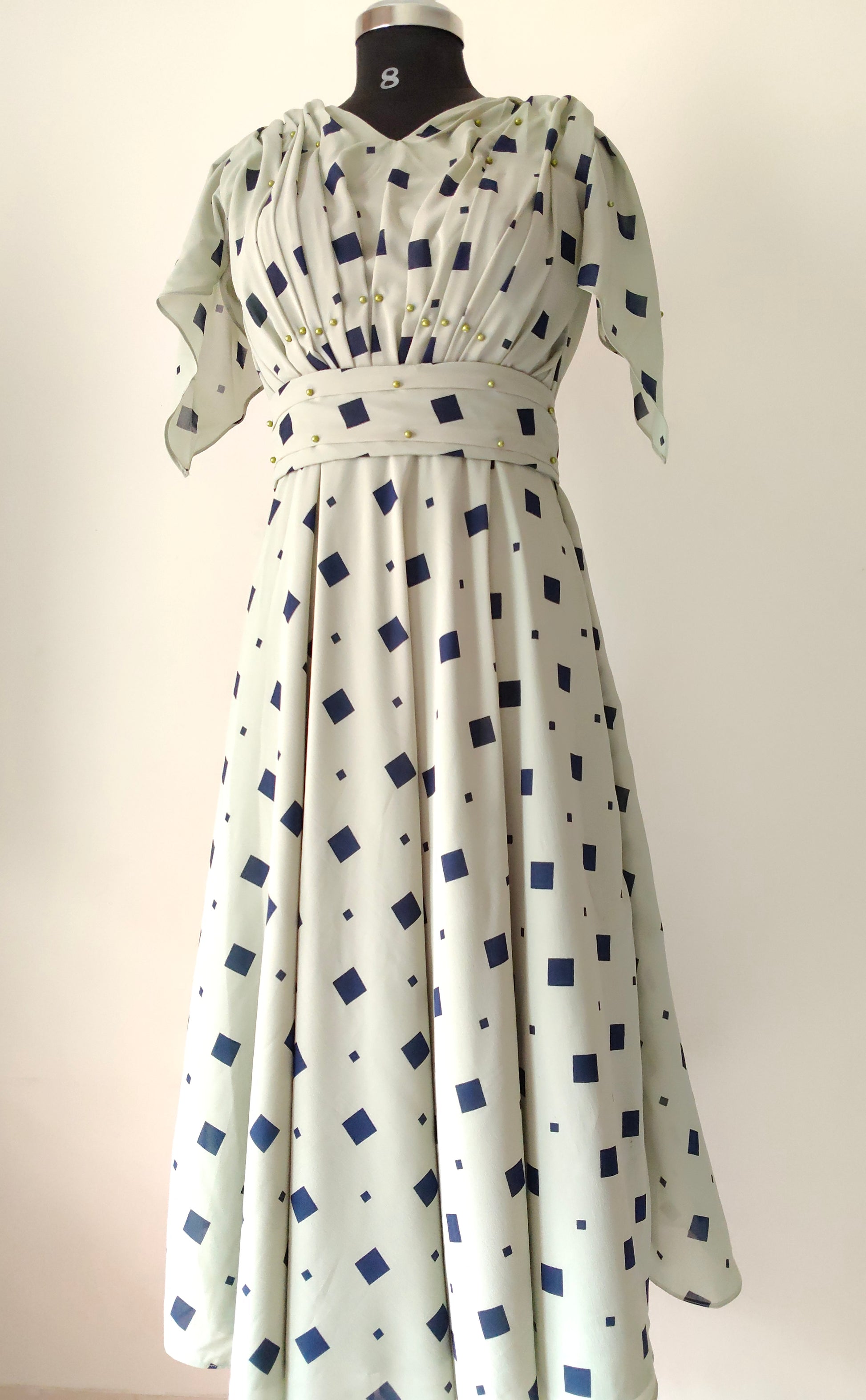 Grey dress with blue square pattern - Short Sleeves - Women's gowns | gown for women party wear