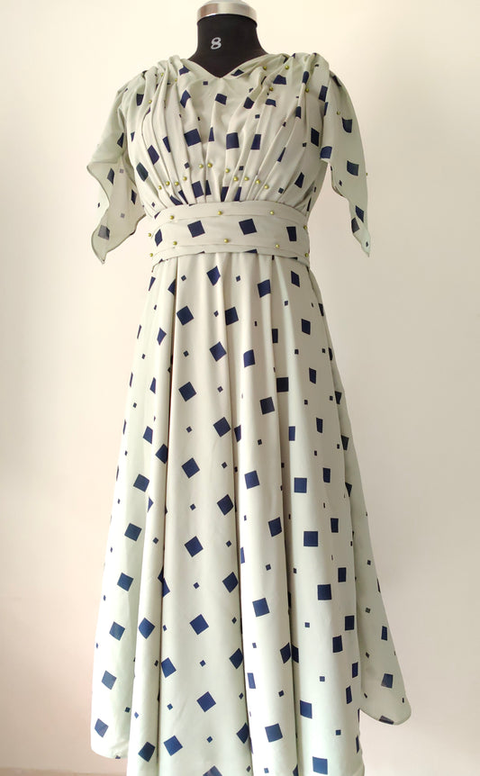 Elegant Green-Grey Printed Gown with Pearl Waist Belt – Size M