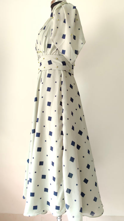 Green - grey dress with blue square pattern - Short Sleeves - Women's gowns | gown for women party wear