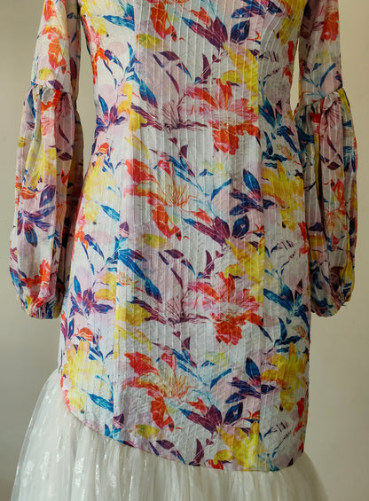 Floral Printed White Net Gown with Puffy Sleeves – Size M
