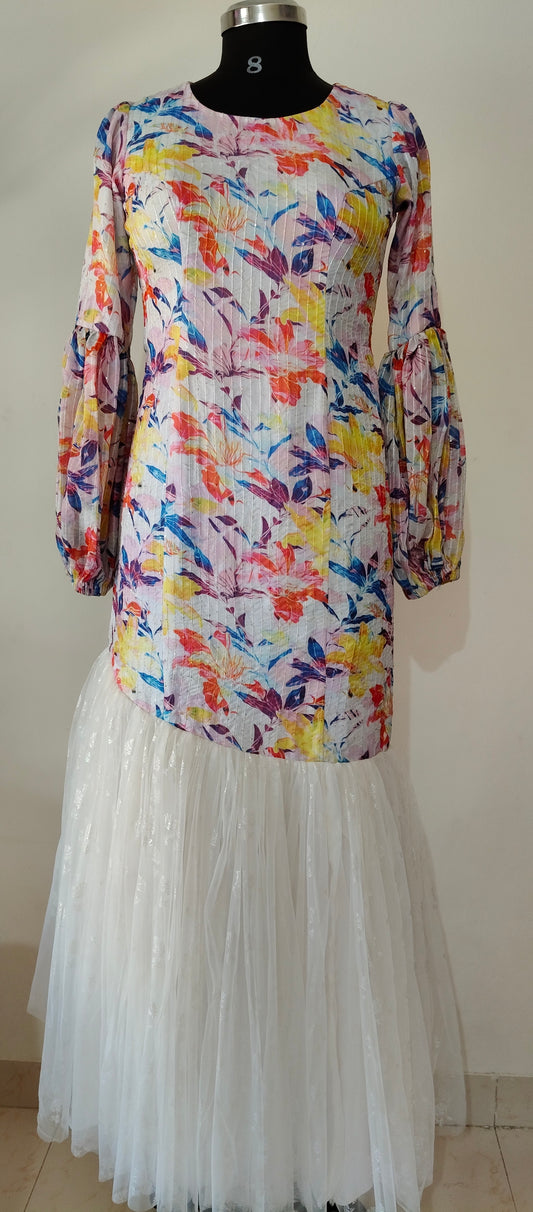 Floral Printed White Net Gown with Puffy Sleeves – Size M