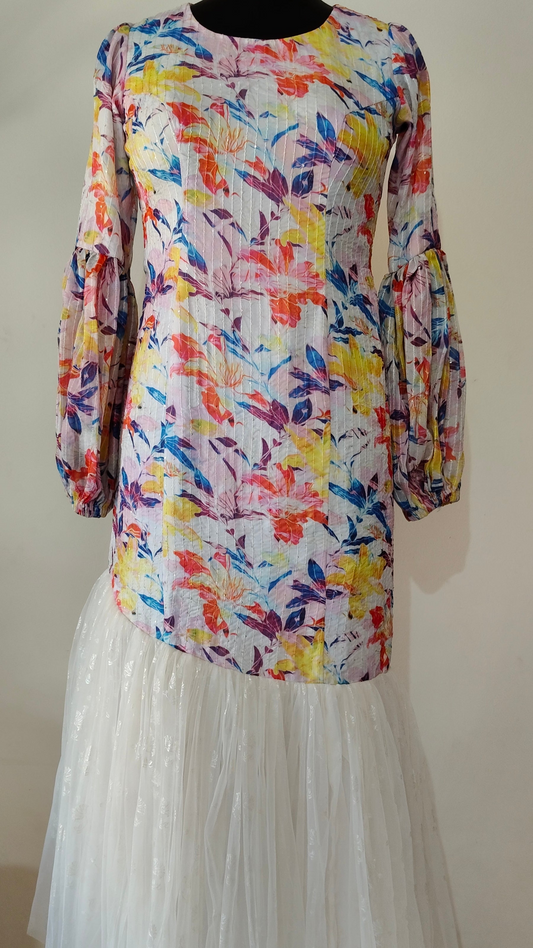 Floral Printed White Net Gown with Puffy Sleeves – Size M