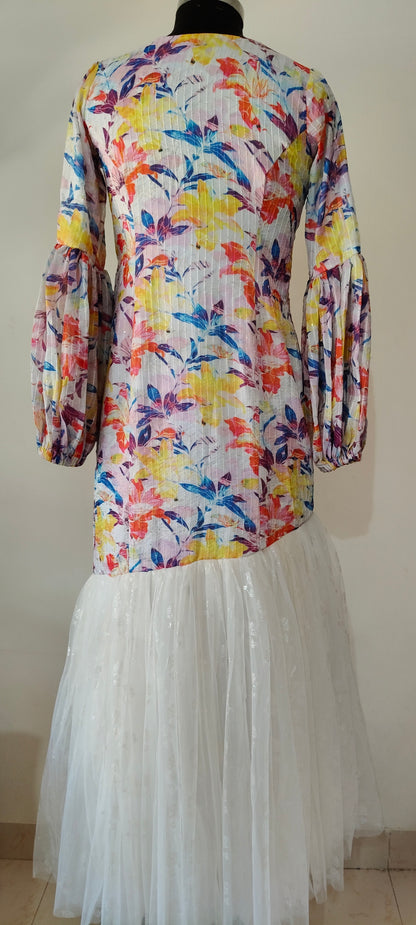 Floral Printed White Net Gown with Puffy Sleeves – Size M