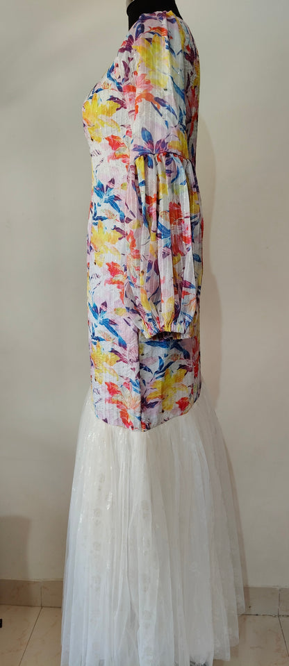Floral Printed White Net Gown with Puffy Sleeves – Size M