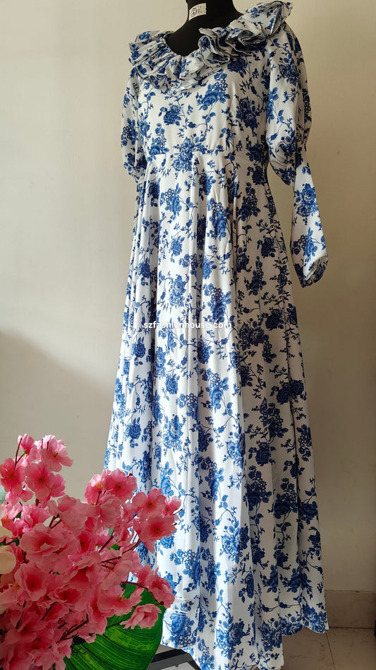 Blue Floral Ruffle Gown – Vintage White Elegance | One of a Kind