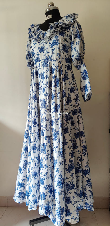 Blue Floral Ruffle Gown – Vintage White Elegance | One of a Kind